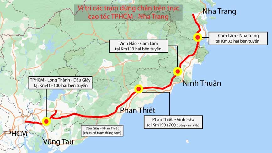 Bảng đồ các trạm dừng chân trên cao tốc Sài Gòn - Nha Trang