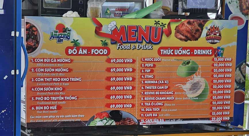 Menu thức ăn trong amazing Biên Hòa